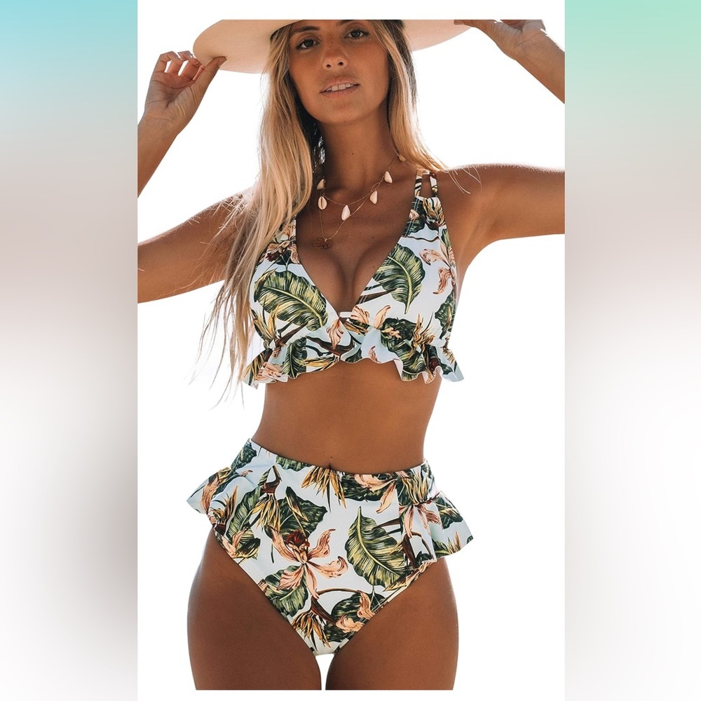 Tropical Leaf Print Bikini Set